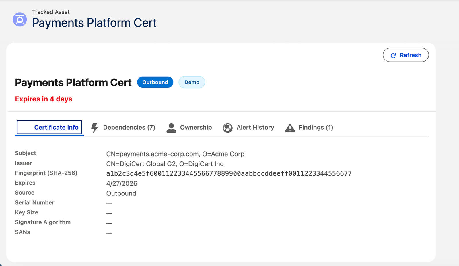 Certificate detail view with Dependencies and Findings tabs