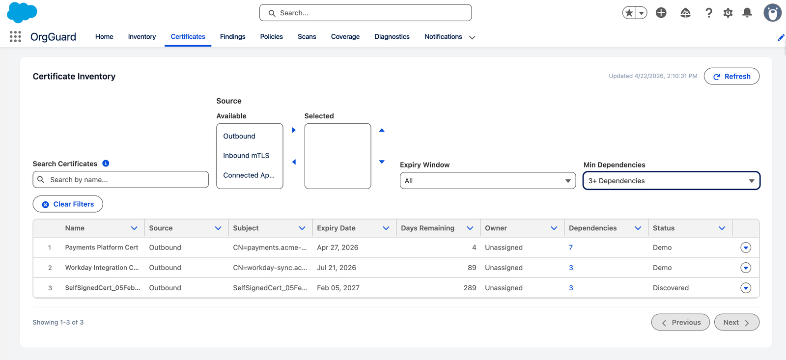 Certificate Inventory filtered to show only certificates with 3 or more dependencies